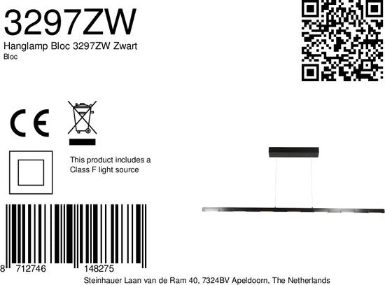 Hanglamp Bloc 3297ZW Zwart met Hoogteinstelbaar Cable Lift, Glas en Metaal - Steinhauer