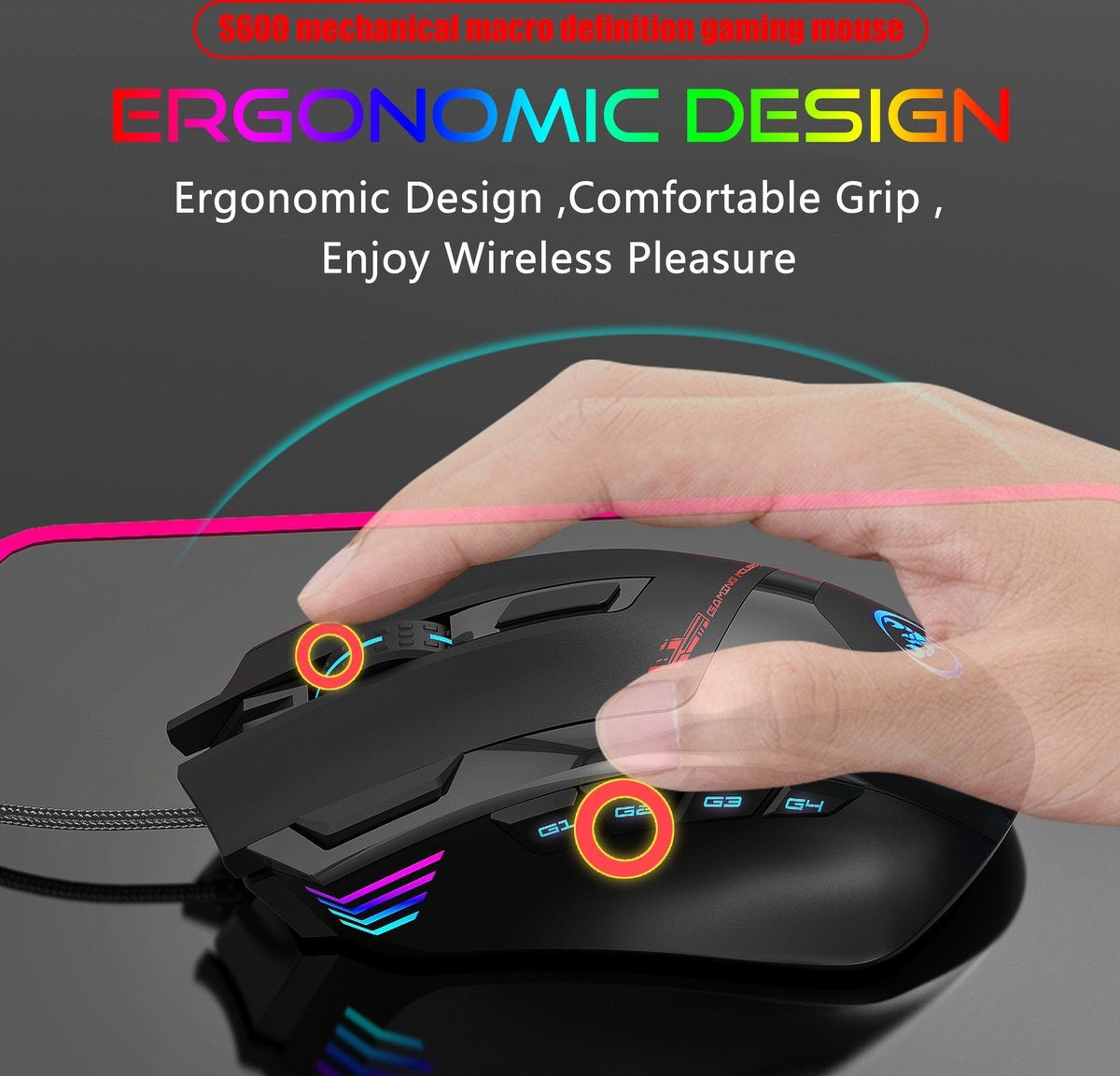 HXSJ S600 Pro Optisch Gaming Muis - Programmeerbaar - RGB licht - Ergonomisch - 7200DPI - Zwart