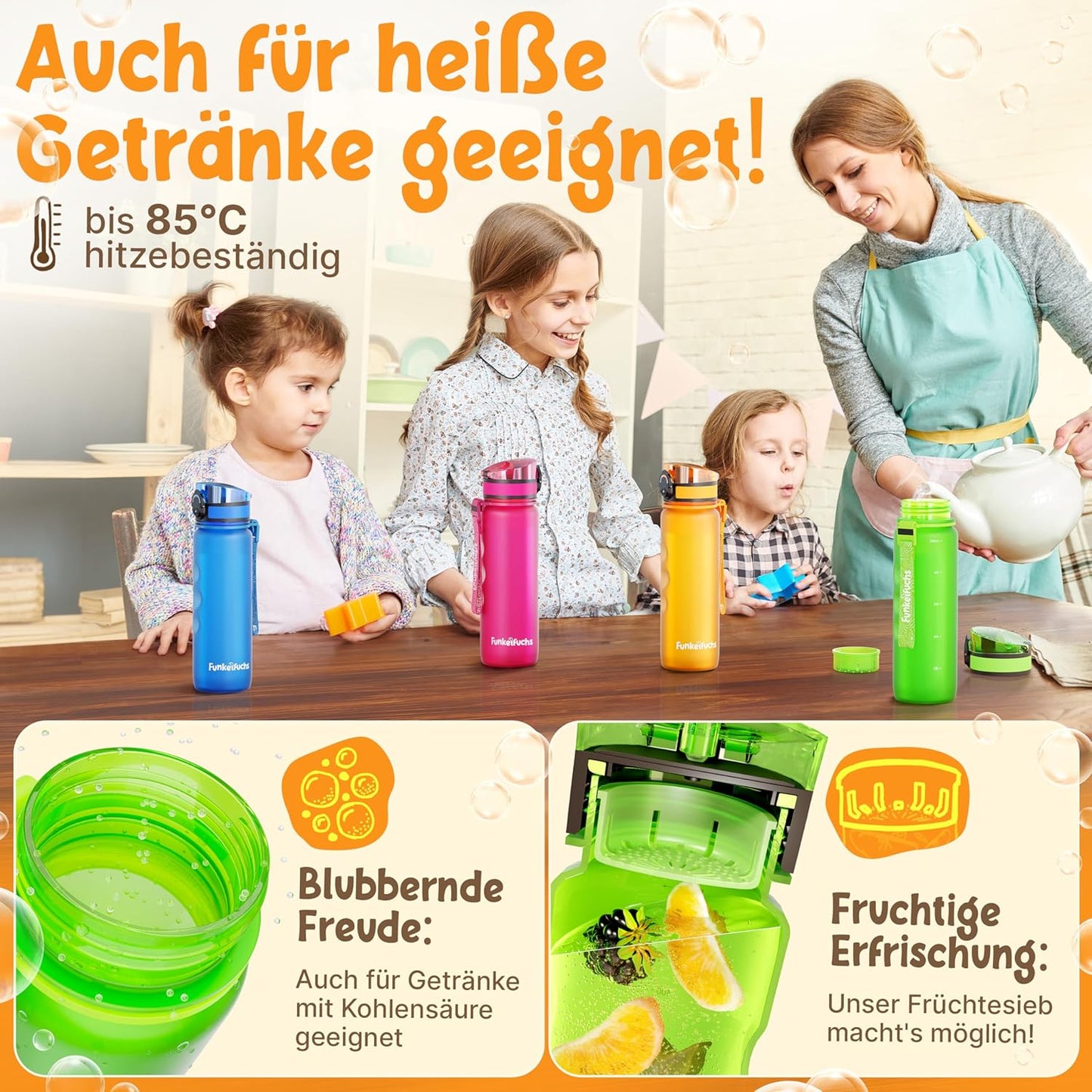 Funkelfuchs® - Drinkfles voor kinderen - 500ml, groen - koolzuurhoudend - 100% lekvrij - waterfles vaatwasmachinebestendig - voor kleuterschool, school, sport