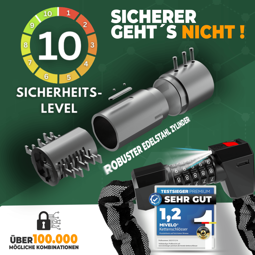 MIVELO - High-Security Kettingslot Met Cijferslot & LED - 100 cm Lang - Gehard Staal - 8 mm Dikte - Zwart