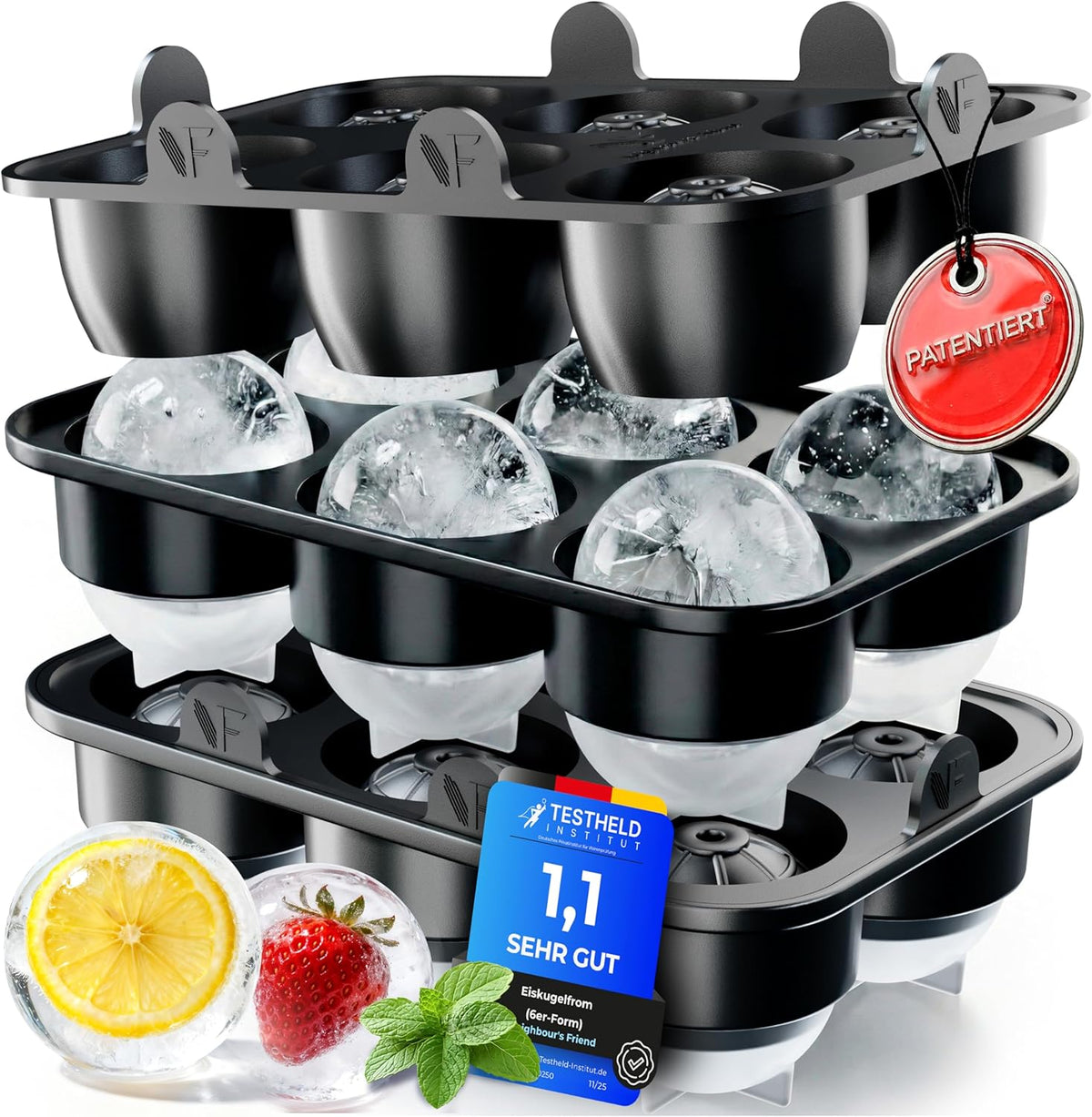 Neighbour's Friend - 2x Gepatenteerde XXL ijsblokjesvorm Platinum - ronde grote ijsblokjesvorm voor cocktails, gin & dranken - 12 ijsballen