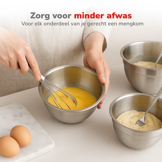 alpina RVS Kommen 3-Delig met Deksel - Slakom Voor Salades - Beslagkom met Deksel - Schalen Voor Mengkom en Bewaren - Snackschaal
