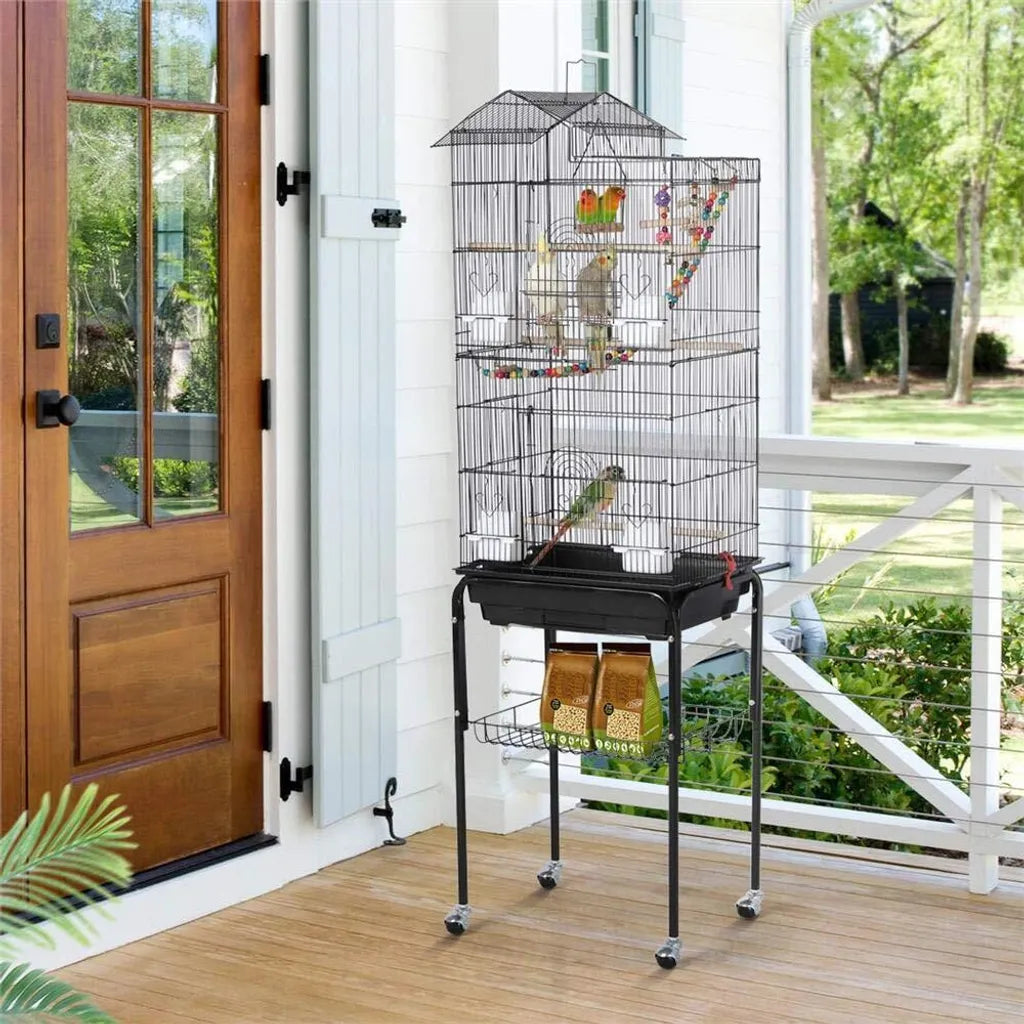 Yaheetech Vogelkooi XL - Met Standaard/Wielen - 46 x 35,5 x 158,5 cm - Zwart