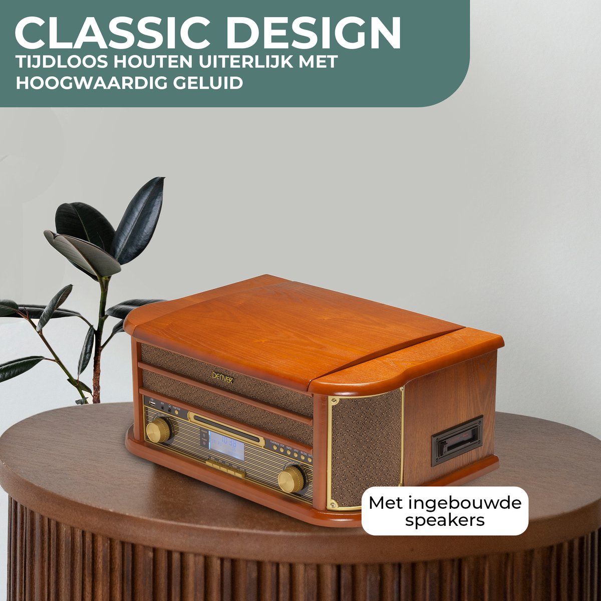 Denver Retro Platenspeler MRD51 - Hout - 24x22x12 cm - Ingebouwde Speakers & Versterker - DAB Radio - CD & Cassette