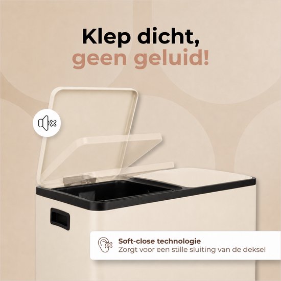 O'DADDY® Prullenbak – Afvalbak - Prullenbak 60 liter - Pedaalemmer – Vuilnisbak - Prullenbak 2 vakken - Prullenbak afvalscheiding – Afvalbak afvalscheiding - 2 Binnen emmers - Soft-Close - Inclusief 15 Afvalzakken - Beige