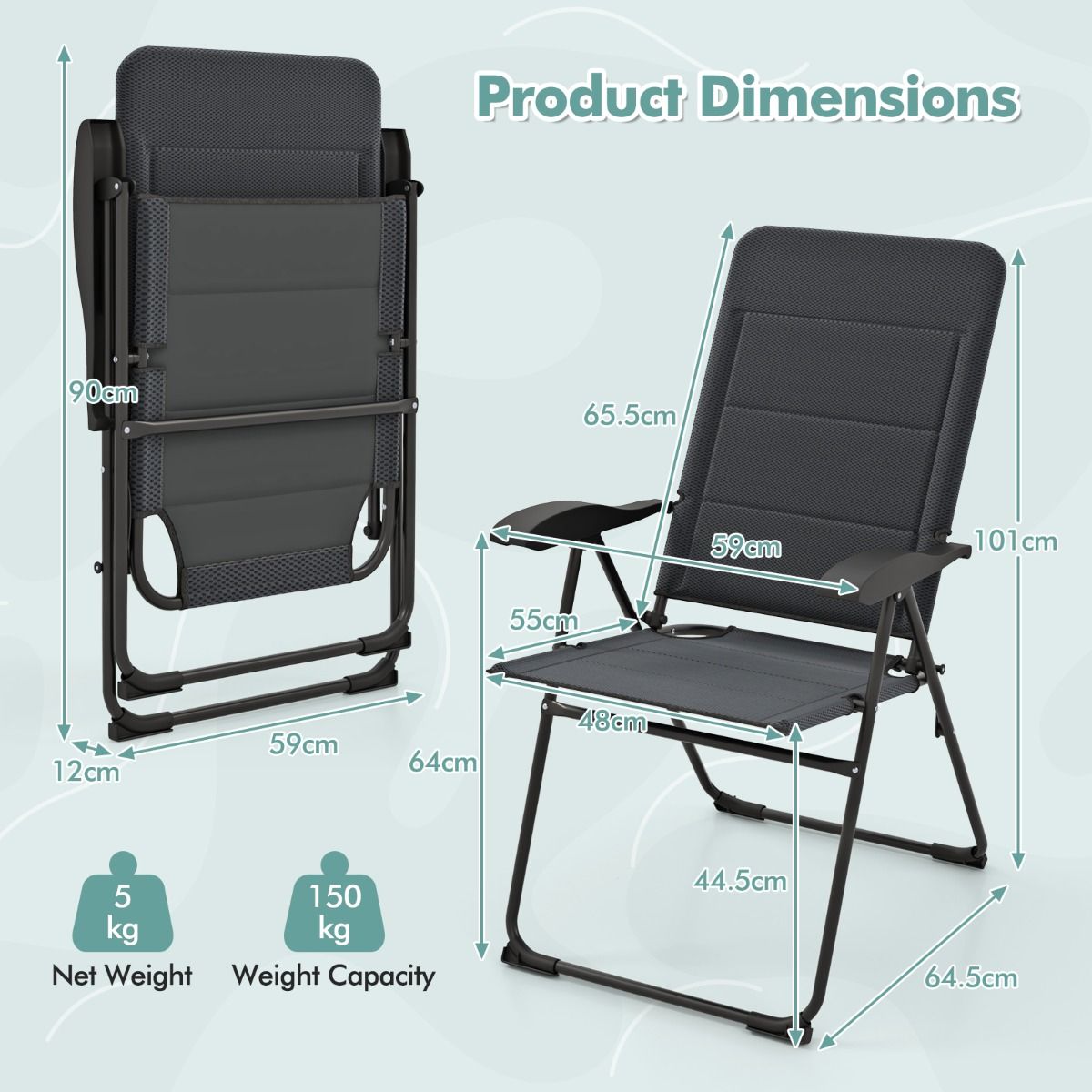 Coast 2-delige set tuinstoelen - 7-voudig verstelbare rugleuning - opvouwbaar - grijs