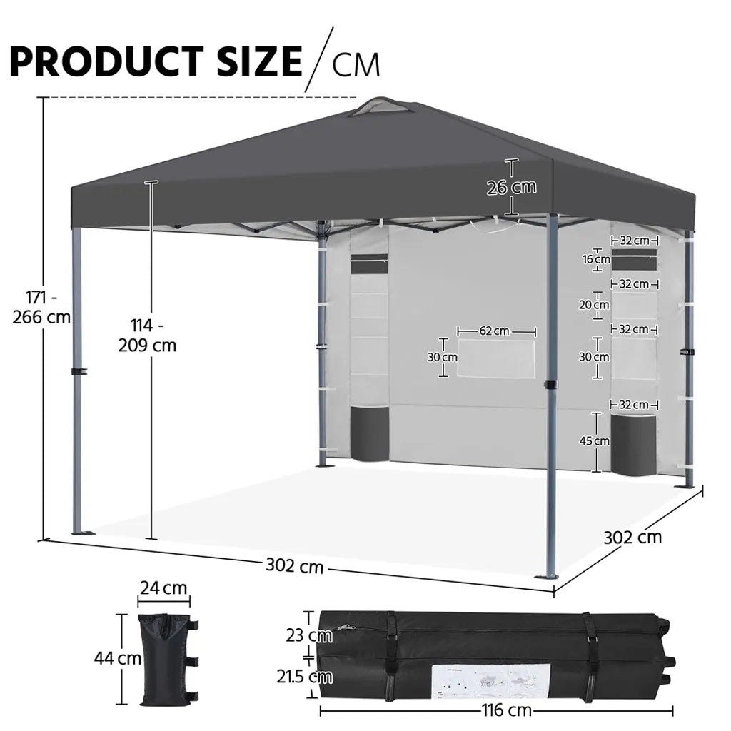 Yaheetech Partytent - 3 x 3 m - Met Zijwand - Verstelbaar 171-266 cm - Waterdicht - Donkergrijs
