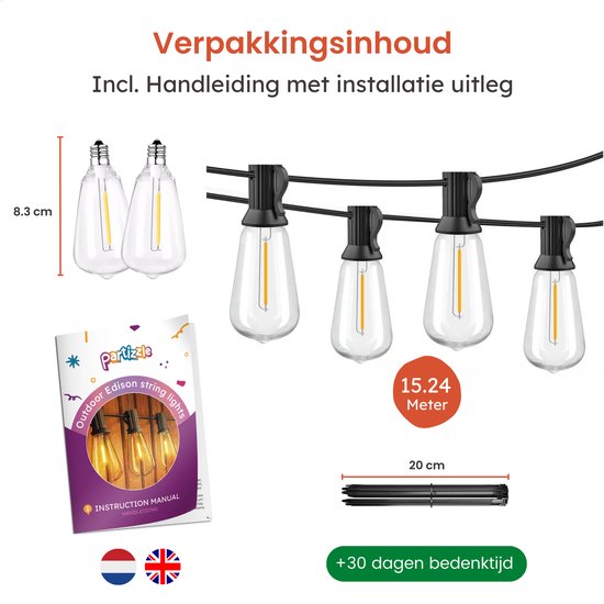 Partizzle 15m LED Lichtsnoer Edison - 25 Lampjes Slinger - Waterdicht Kerst Lichtslinger voor Buiten Terras en Camping - Kerstverlichting / Tuinverlichting - 2700k / Warm Wit