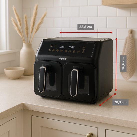 alpina Dubbele Airfryer XXL - Heteluchtfriteuse 2x4L - Air Fryer met Digitaal Touchscreen - Heteluchtoven voor 6 Personen en Meer - 8 Kookprogramma's - Sync-Modus - Timer Functie