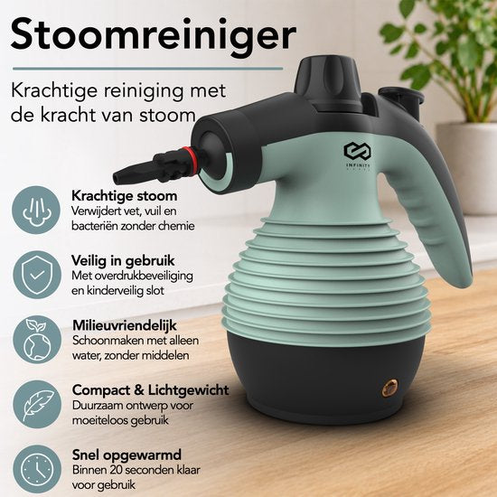 Infinity Goods Stoomreiniger - 12-in-1 Handstoomreiniger - Handstomer - Vlekkenreiniger - Tapijtreiniger - 10 Opzetstukken - 1050 Watt - 3.2 Bar - Groen