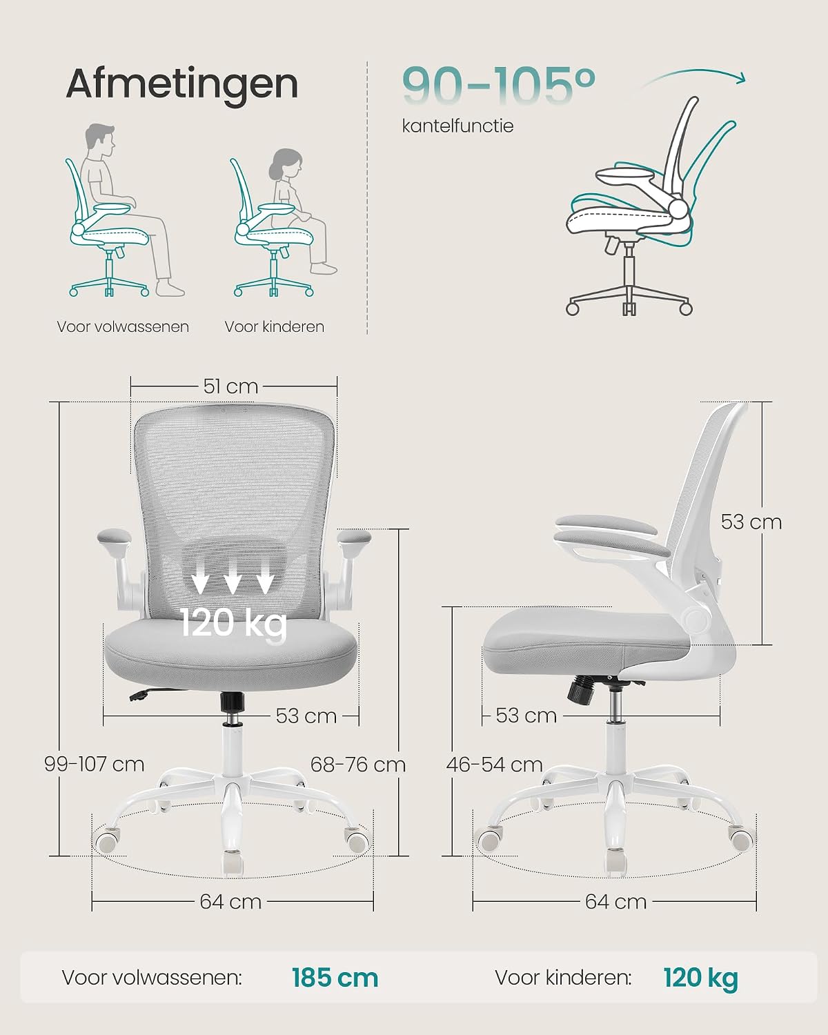 Songmics KIME ergonomische bureaustoel - Lichtgrijs - 64 x 64 x (99–107) cm
