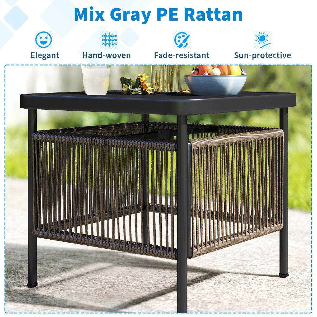 Coast Bijzettafel voor buiten - weerbestendig rattan - met parasolgat - zwart - 56 x 56 x 49 cm