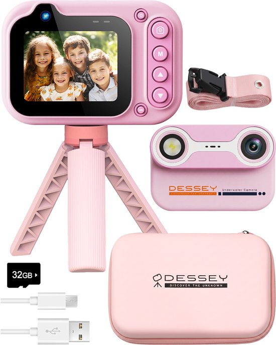 ODESSEY Waterdichte Kindercamera - met Tripod - Full HD - Selfie Camera - 32GB SD Kaart - Foto - Video - Spelletjes - Digitale Camera Kinderen - Fototoestel voor kinderen - Roze