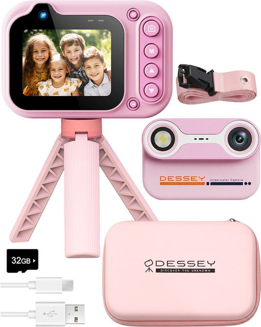 ODESSEY Waterdichte Kindercamera - met Tripod - Full HD - Selfie Camera - 32GB SD Kaart - Foto - Video - Spelletjes - Digitale Camera Kinderen - Fototoestel voor kinderen - Roze