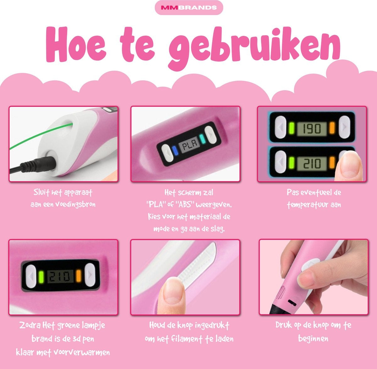 MM Brands 3D Pen Starterspakket - Inclusief 100m Filament in 10 Kleuren - Extra Lange Laadkabel - Geschikt voor ABS & PLA Filament - Roze