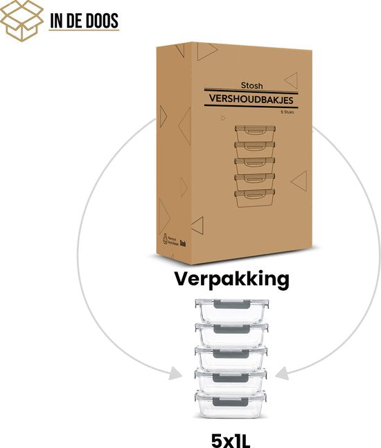 Stosh Meal Prep Bakjes - Vershoudbakjes - Diepvriesbakjes - Luchtdicht - 5 Stuks - 1L - BPA Vrij - Glas