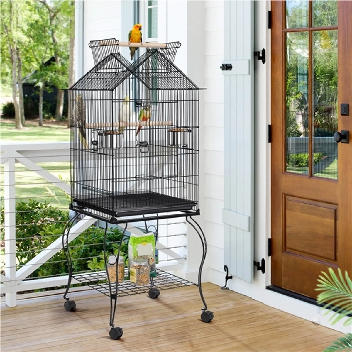 Yaheetech Vogelkooi XXL Met Verrijdbaar Onderstel – 59,5 x 59,5 x 145 cm – Voorzien Van Opening In Dak En Uitneembare Bodemplaat En Opbergplank – Voor Parkieten En Kanaries – Zwart Metaal En Hout