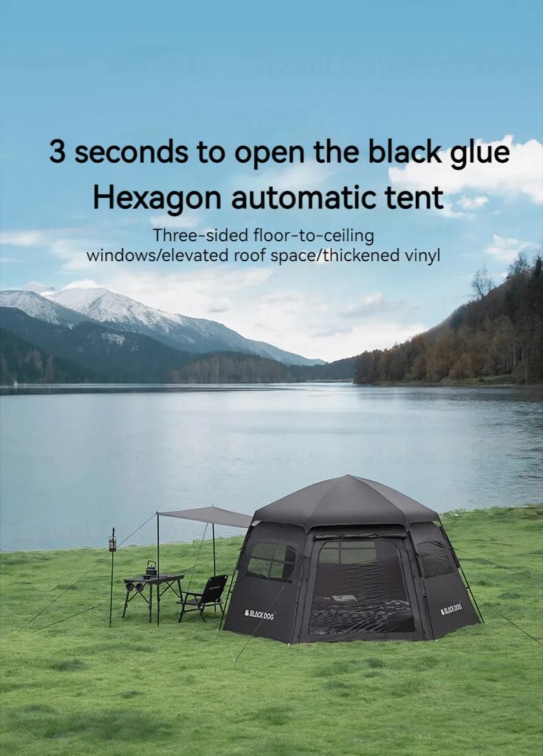 Blackdog Hexagon Automatische Tent CBD2300QT012 – 12,5 m² – UPF50+ – PU3000 mm – Zwart