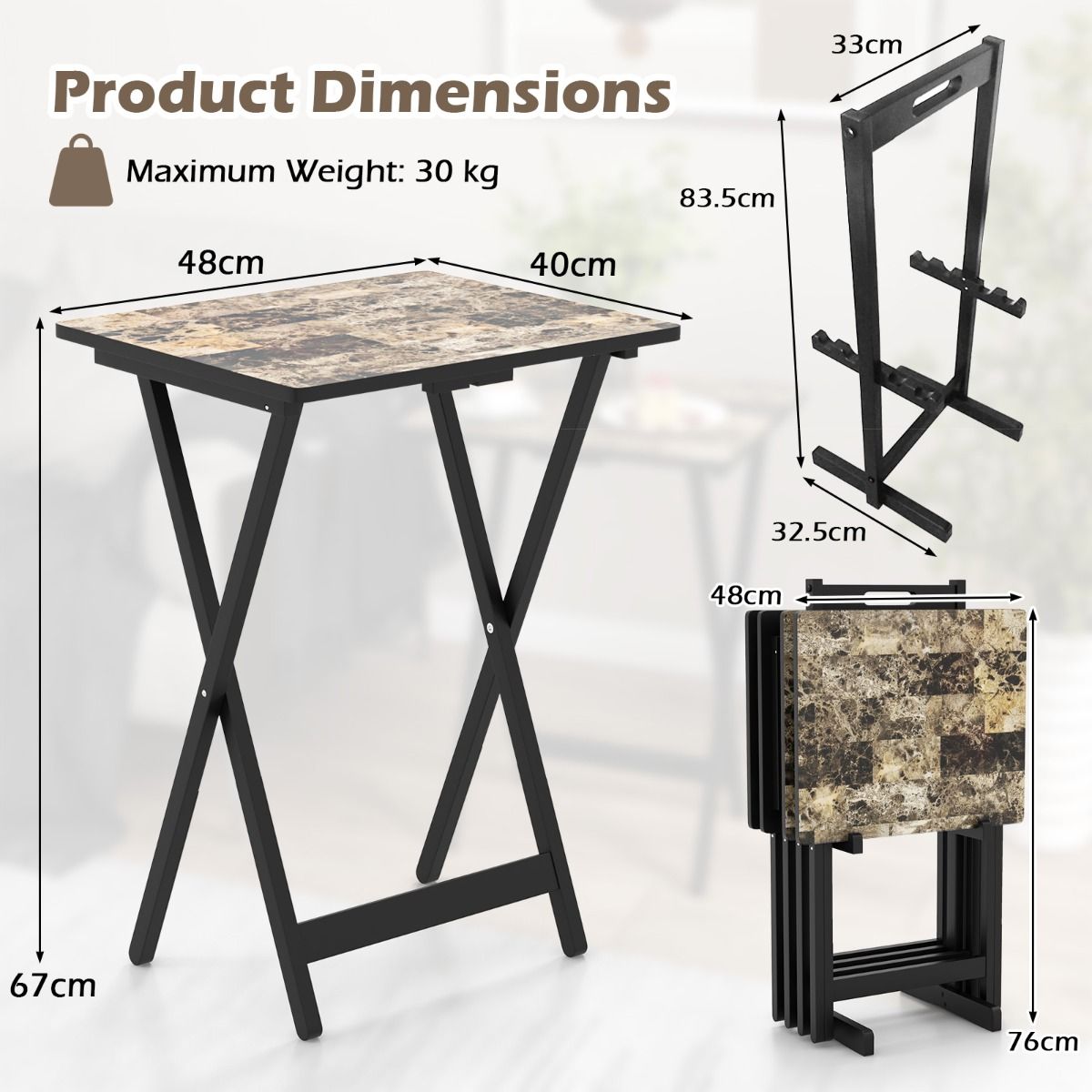 Coast 4-delige Klaptafelset TV-Snacktafel - Inklapbaar, Met Opbergstandaard, Marmerlook - 48 x 40 x 67 cm - MDF/Rubberhout - Zwart