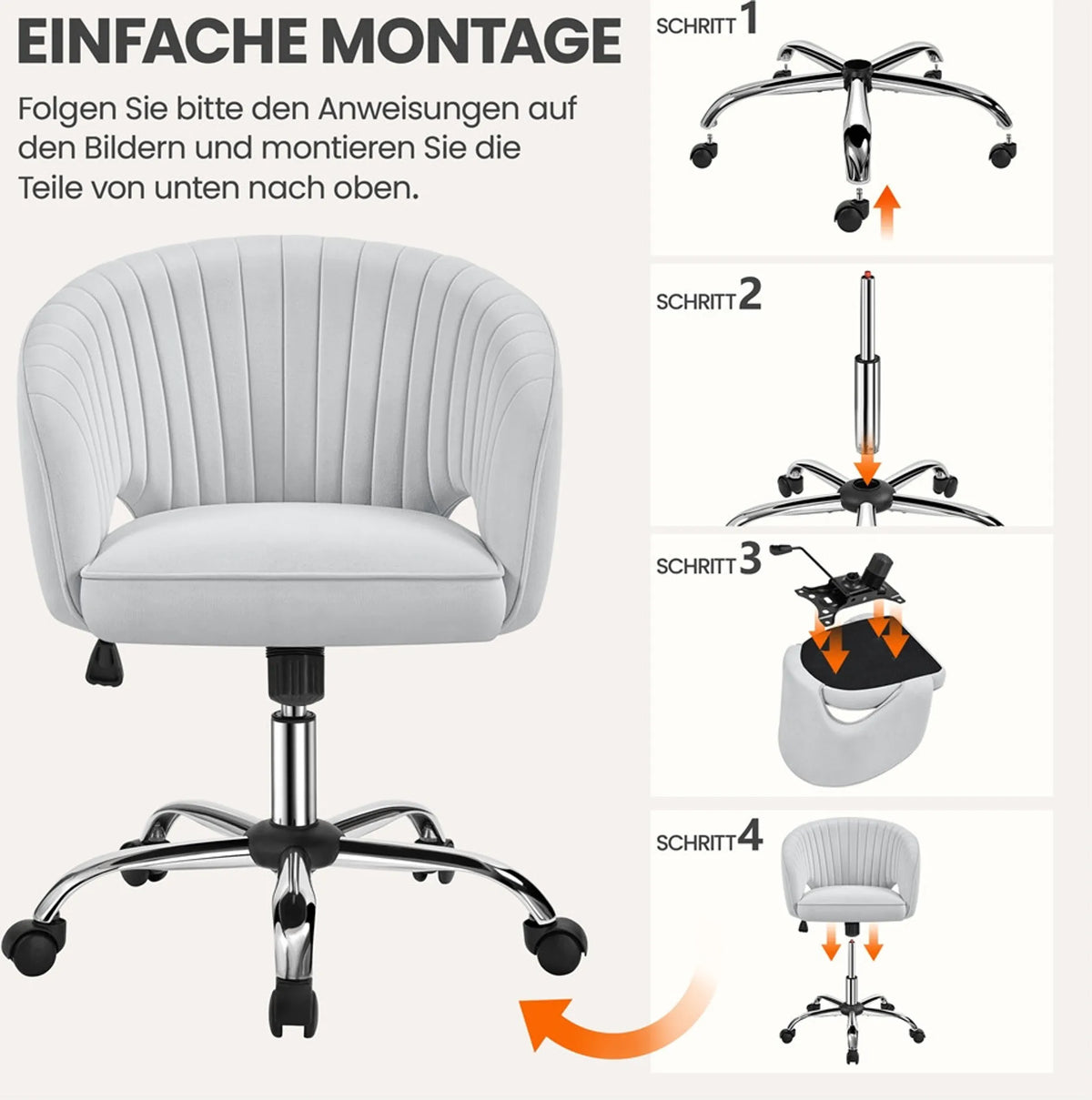 Yaheetech Bureaustoel Fauteuil – 60 x 56,5 x 73-83 cm – Voorzien Van Fluweelzachte Bekleding En Verstelbare Zithoogte En Ontspannende Schommelfunctie – Voor Kantoor En Ontvangsthal – Lichtgrijs Polyester En Metaal