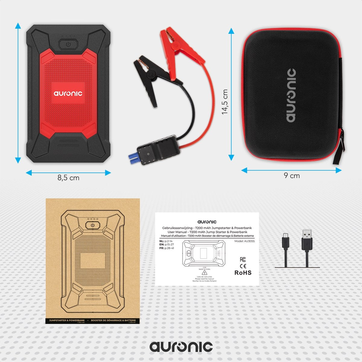 Auronic 12V Jumpstarter voor Auto u2013 600A / 7.200 mAh u2013 4-in-1 starthulp u2013 Incl. tas - Rood/Zwart