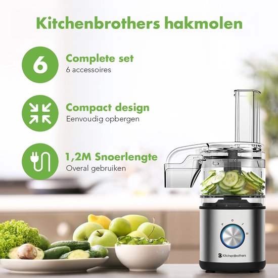 KitchenBrothers Foodprocessor - 5 in 1 Multifunctioneel Model - Hakmolen - Groentesnijder - BPA Vrij - 0,5L - Keukenmachine - Uiensnijder - Zwart