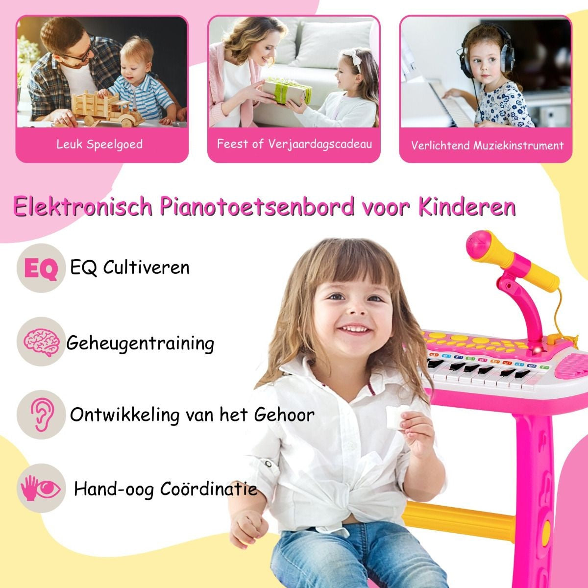 Coast Speelgoedpiano met Krukje & Microfoon - Roze - 45 x 23 x 45 cm
