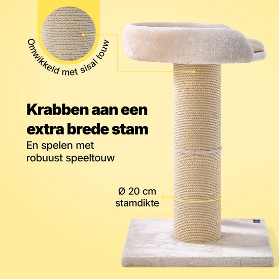 Jake en Jacky Krabpaal voor Grote Katten met Mand - Met Speeltouw - Naturel/Crème - 57x57x90 cm - Ø Sisal Krabpaal 20 cm