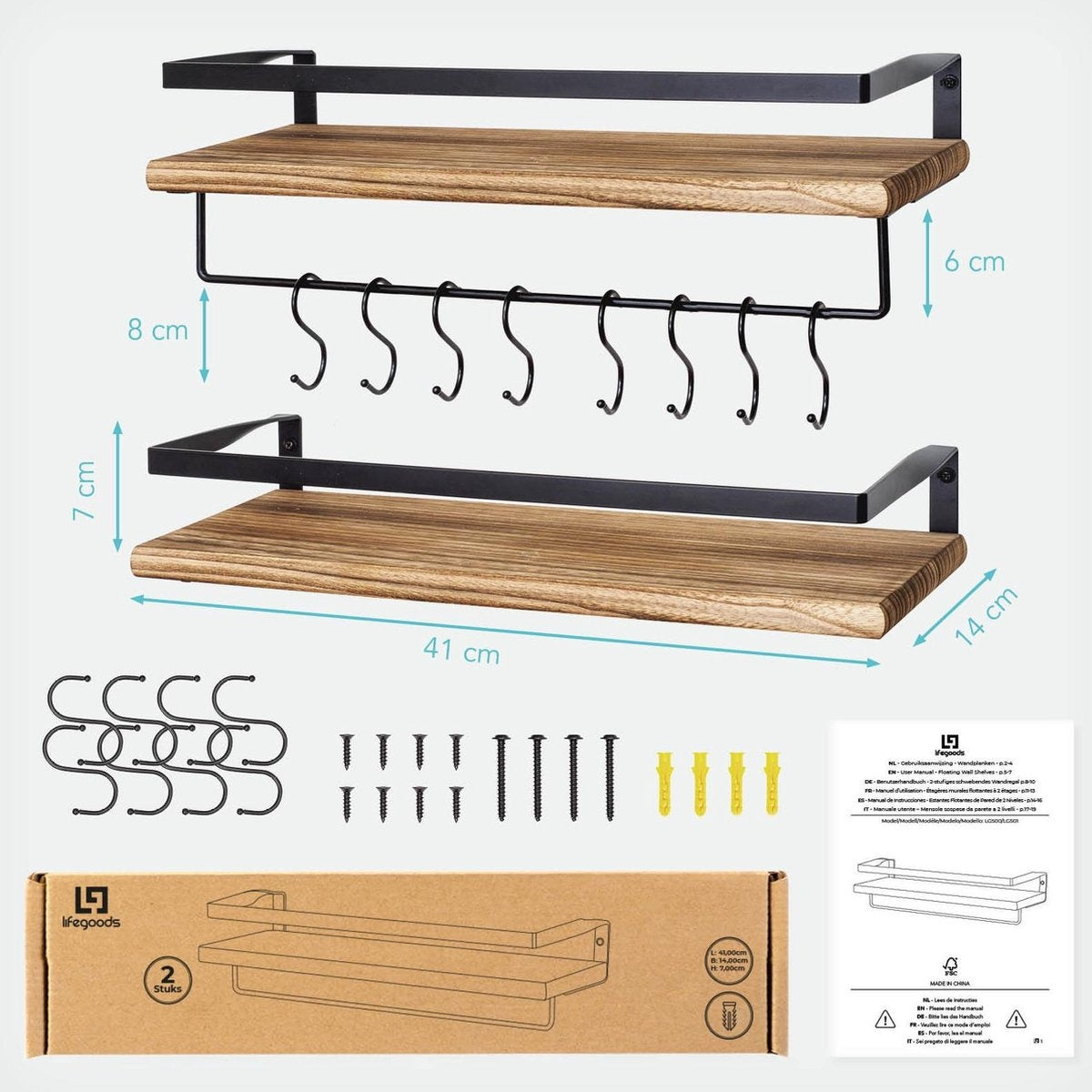 LifeGoods Zwevende Wandplank - 2 Stuks - 41cm - Handdoekhouder en 8 Haakjes - Industrieel - Hout - Bruin/Zwart