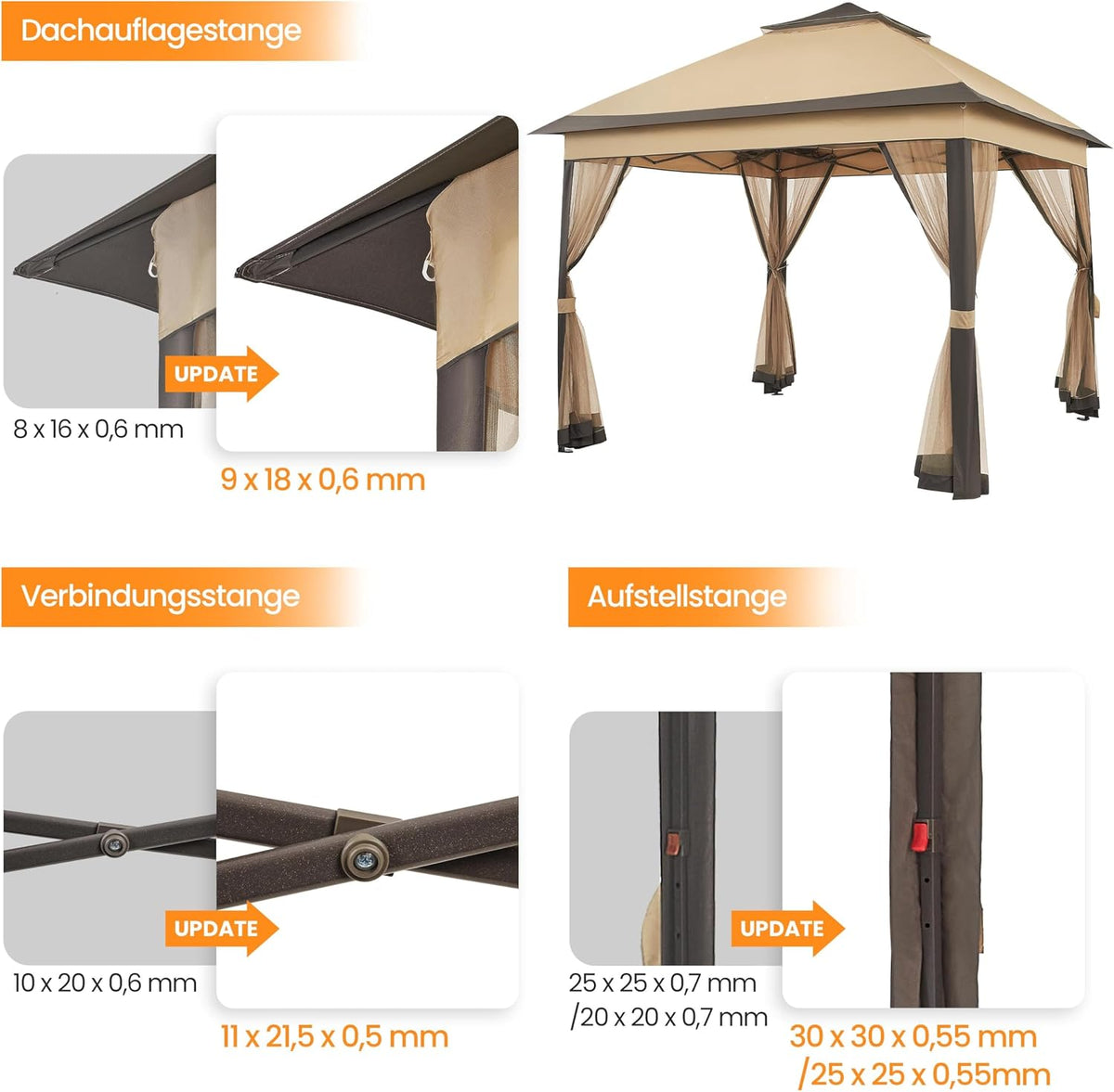 Yaheetech Pop-up Paviljoen 3,3 × 3,3 m met 4 Mesh Zijwanden en Draagtas Khaki/Bruin