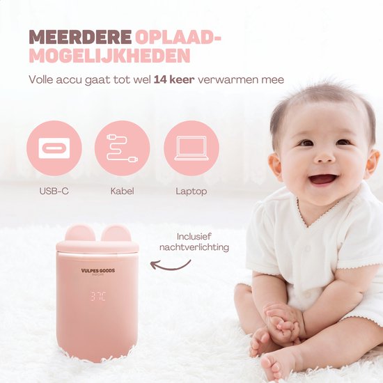 Vulpes Goods® Flessenwarmer – Draadloos  – 8800 mAh – 8 x 8 x 10 cm – Roze