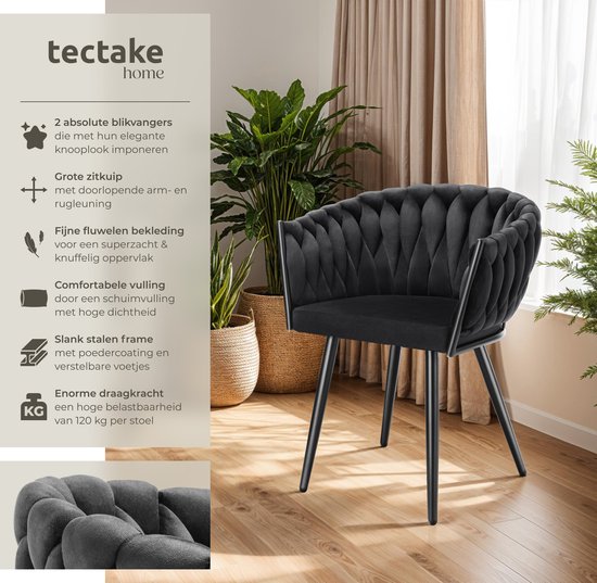 tectake® - Set van 2 Fluwelen eetkamerstoelen - Kuipstoel met armleuning in knooplook - Eetkamerstoel - Moderne eetkamerstoel voor woonkamer en eetkamer - Keukenstoel - Kaptafelstoel - Slaapkamerstoel - Diverse kleuren - Zwart