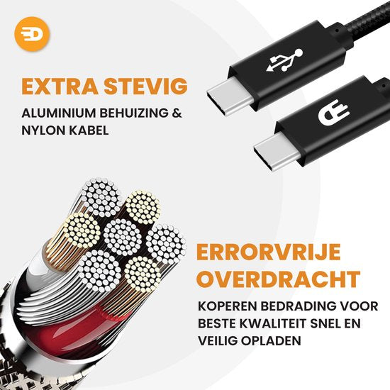 Drivv. USB C Kabel naar USB C 3.2 - 100w Snellader - 3 Meter - 4K 60Hz - 20GBs - Geschikt voor Samsung, Macbook, iPhone 15 & Meer - Nylon Kabel - Zwart