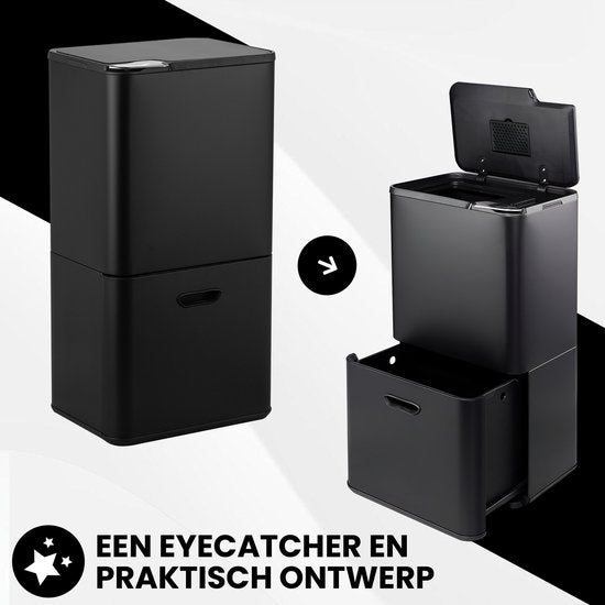 Bayt Prullenbak 60 Liter - Vuilnisbak 60 Liter - Prullenbak Afvalscheiding - 2 Compartimenten - RVS - Zwart