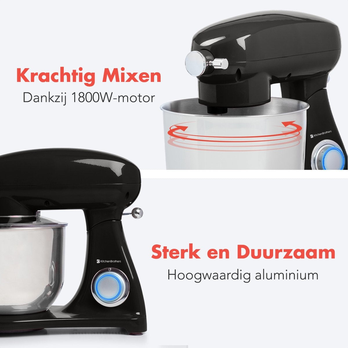 KitchenBrothers Keukenmachine - Keukenmixer met 6L RVS Mengkom - 1800W - Zwart