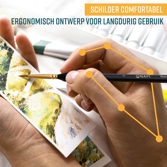 NAPI Penselen Set voor Precisie - 9 Fijne Kwasten in Etui - Miniatuur Schilderen, Modelbouw, Gouache, Warhammer. Geschikt voor Acrylverf, Aquarel, Olieverf, Waterverf, Schmink - Ergonomische Grip - Detail Kwastenset in Houder