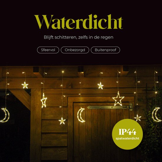 Giftmas Lichtgordijn – 120 LED Hangdecoratie – Warm Wit – Manen en Sterren – Kerst en Raamdecoratie – Voor Binnen en Buiten - Kerstversiering - 3.5M - Kerstverlichting