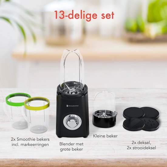 KitchenBrothers Smoothieblender – Incl. 4 Bekers & 2 Mesjes – 350 W – 14 x 14 x 30 cm – Zwart