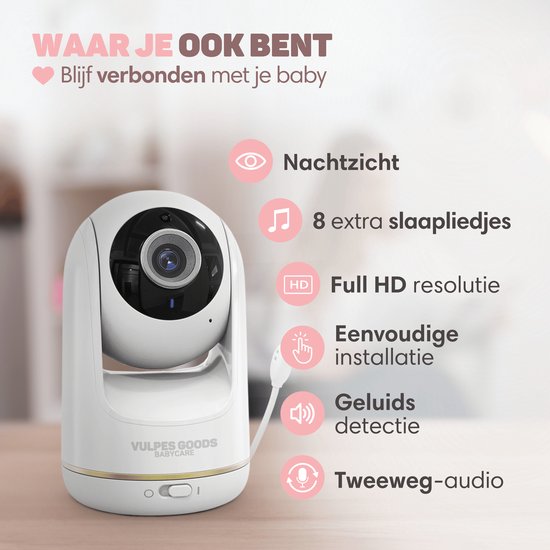 Vulpes Goods® Babycare - Babyfoon met Camera - Babymonitor met Camera en VOX - 5 inch FULL HD Scherm - Op afstand bestuurbaar - Baby Camera - Babyfoons met Geluidsdetectie - Nightvision - PRO Versie - Wit
