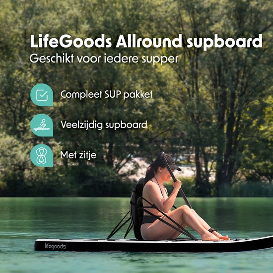 LifeGoods PaddlePro SUP Board - met Zitje - Opblaasbaar Paddle Board - Complete Set - Max. 150KG - 320x81cm - Wit/Zwart