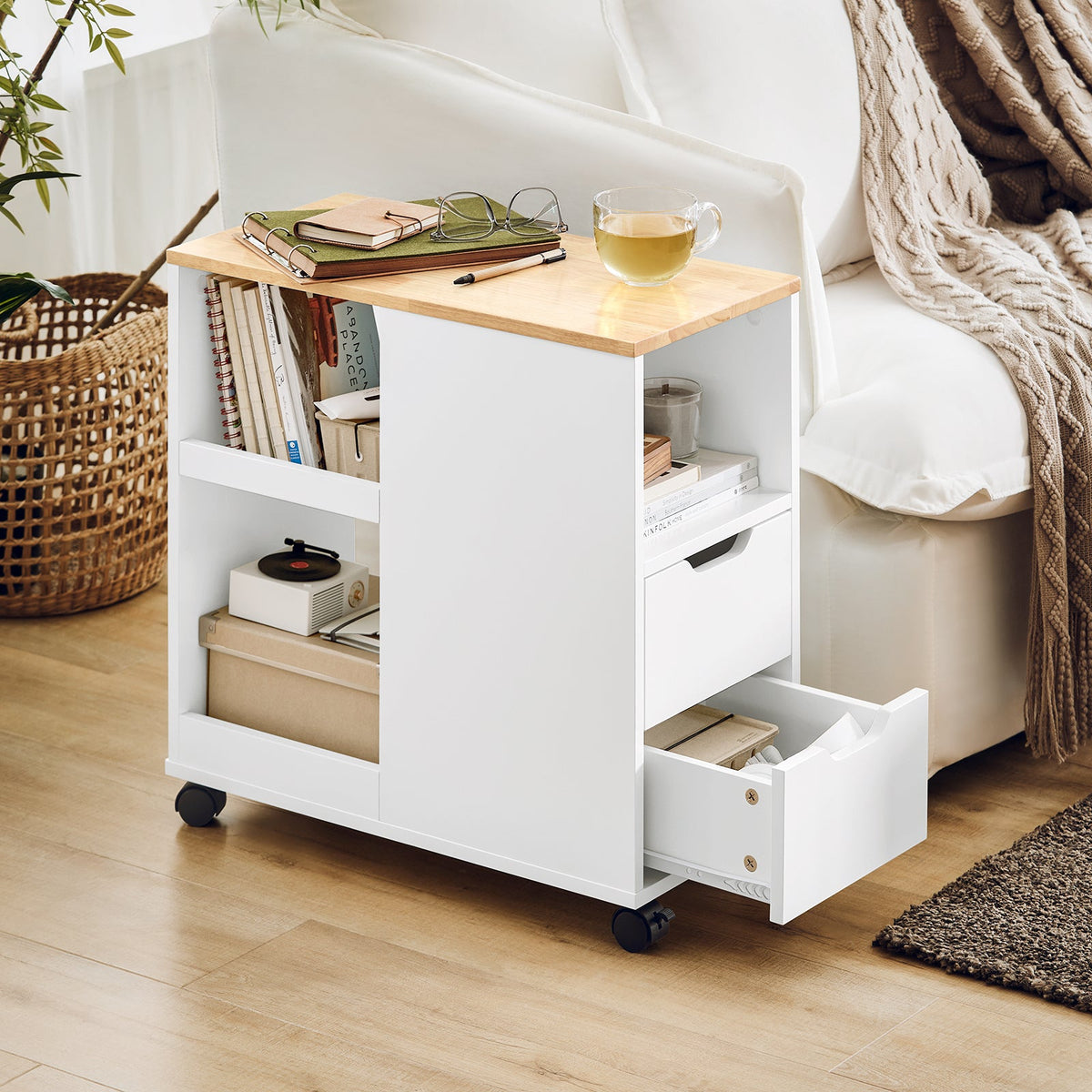SoBuy Bijzettafel - FBT130-WN - 2 Laden en Planken - 60 x 30 x 60 cm - Wit