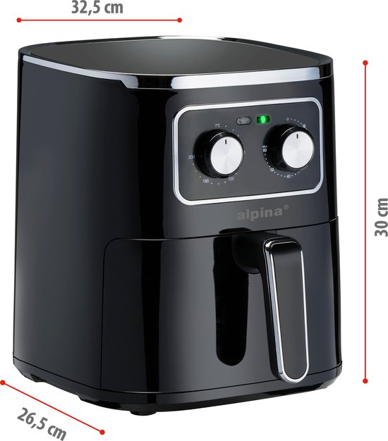alpina Airfryer 4.5L- Heteluchtfriteuse voor 3 tot 4 Personen - Air Fryer met Instelbare Temperatuur van 80°C tot 200°C - Timer tot 60 Minuten - Hetelucht Friteuse 1450W - Zwart