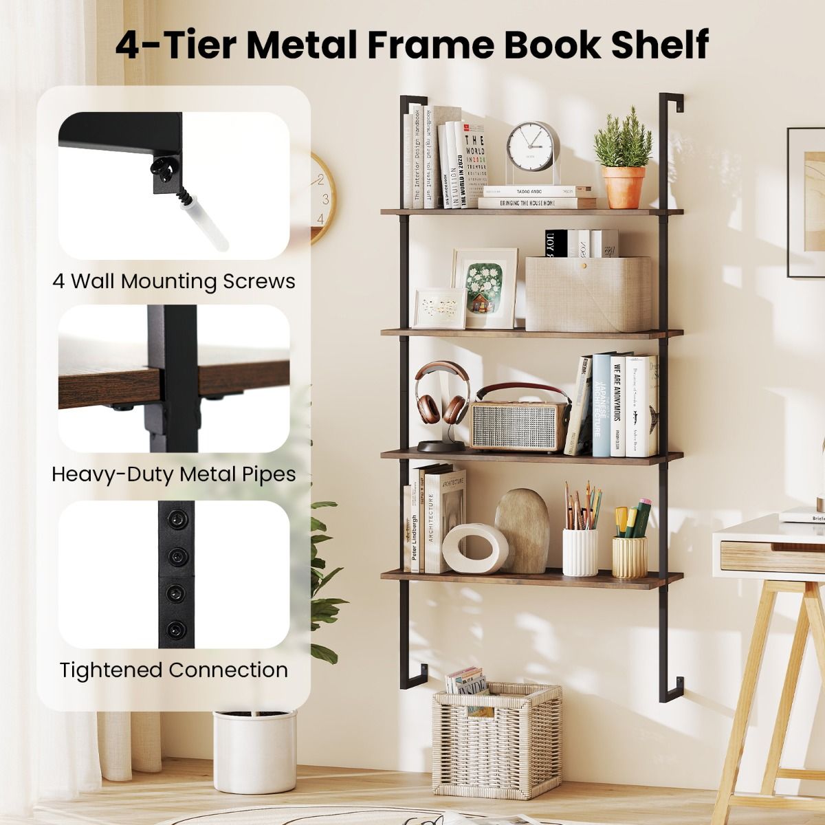 Coast Wandrek met 4 Planken - Zwevend Opbergrek - Metalen Frame - Rustiek bruin en zwart - 76 x 30 x 163 cm