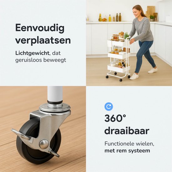 Keuken trolley op Wieltjes - 3 laags - Keukenrek - Serveerwagen - Kastje - Karretje - Opberg - Douche kastjes staand - Rekje - Wit - Luft