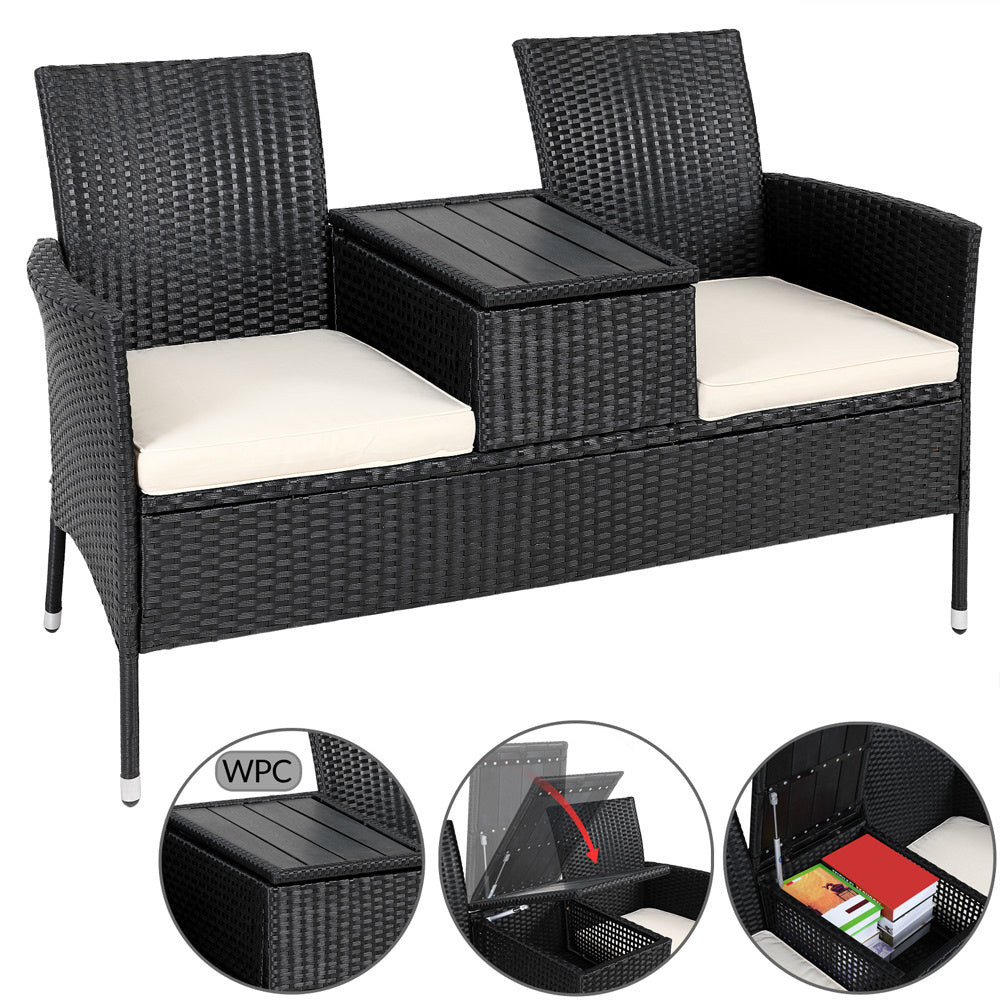 Casaria Tuinbank Polyrattan – 2 Zitter Incl. Tafel & Kussens – Zwart