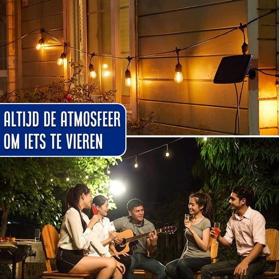 SHINE - Lichtsnoer buiten - Lichtslinger op Zonne-energie - Solar Led Prikkabel - Feestverlichting - Lampjes slinger - Tuinverlichting - Vintage Classic Sfeerverlichting - 8,3 Meter - 12 Led E27 Lampen met Afstandsbediening