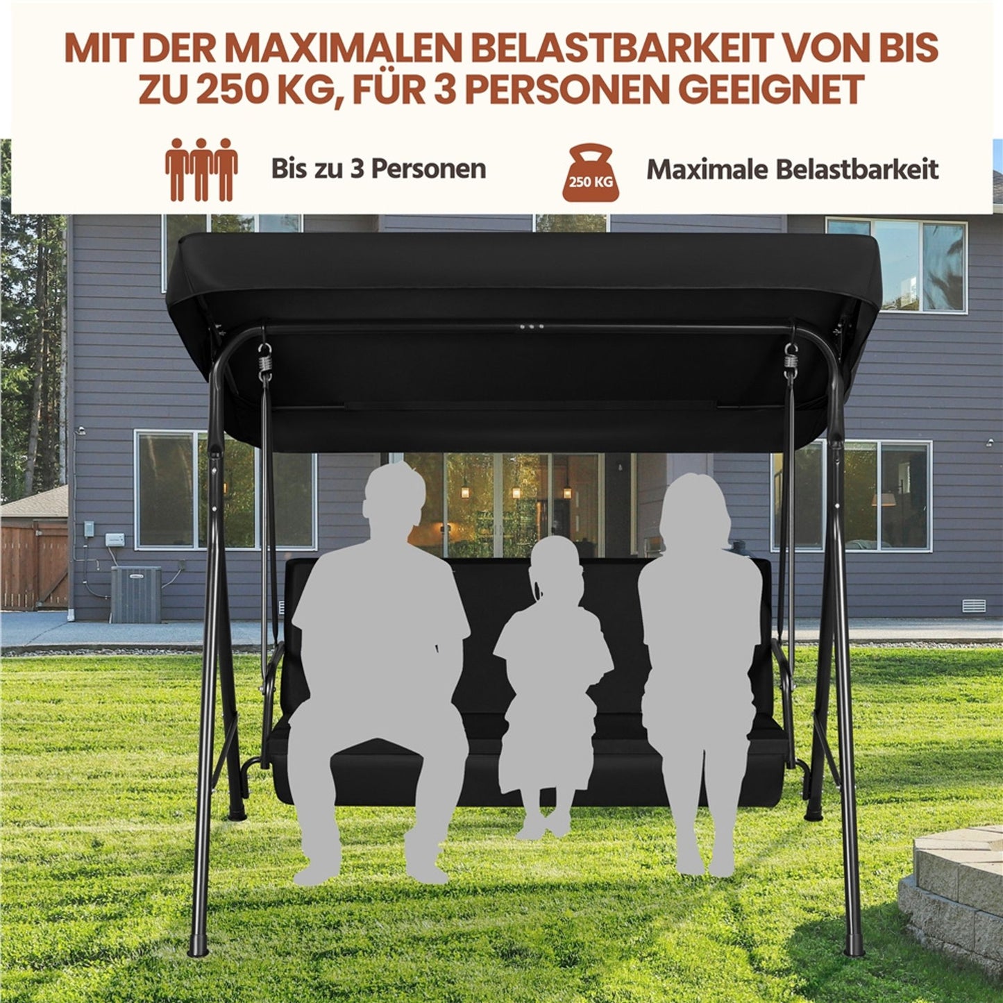 Yaheetech 3-zits Hollywoodschommel met Verstelbaar Zonnescherm - 170 x 112,5 x 162,5 cm - Zwart