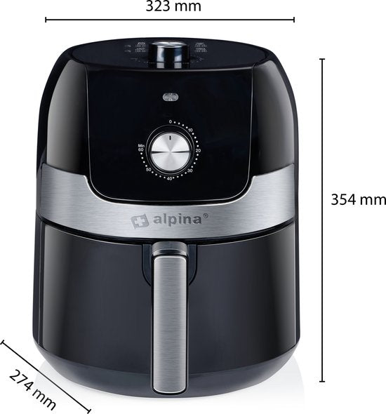 alpina Airfryer 3.5L - Heteluchtfriteuse 2 tot 3 Personen - Air Fryer met Instelbare Temperatuur van 80 tot 200°C - Hetelucht oven Airfryer Timer tot 60 Minuten - 1400W - Zwart