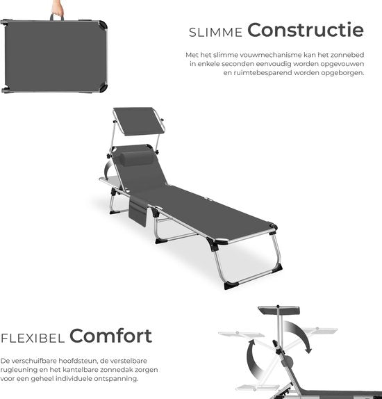 tectake® Ligbed Aurelie met zonneluifel en hoofdkussen - Ligstoel - Zonnebed - Opklapbare balkonligstoel van aluminium - Weerbestendige tuinligstoel voor tuin, balkon, camping en strand - Verstelbare rugleuning met kussen - Antraciet