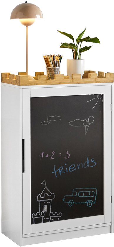 SoBuy KMB43-W Kindercommode - Witte Opbergplank met Schoolbord & Speelgoedkist